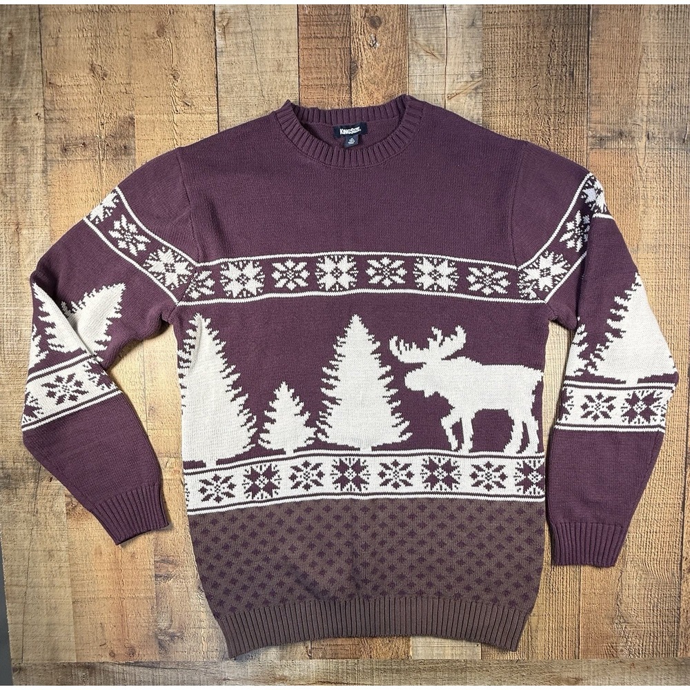 NWT KingSize Men's XL Tall Moose Fair Isle Christmas Sweater Burgundy